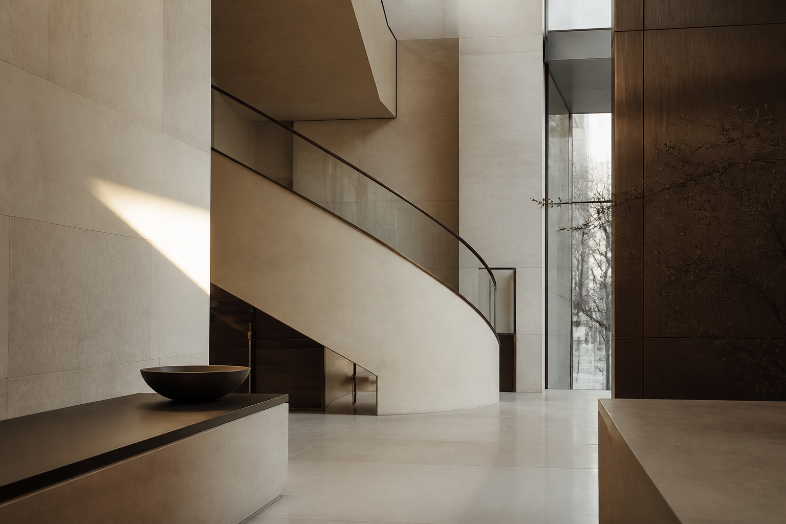 Sculptural limestone stair in a quiet contemporary interior