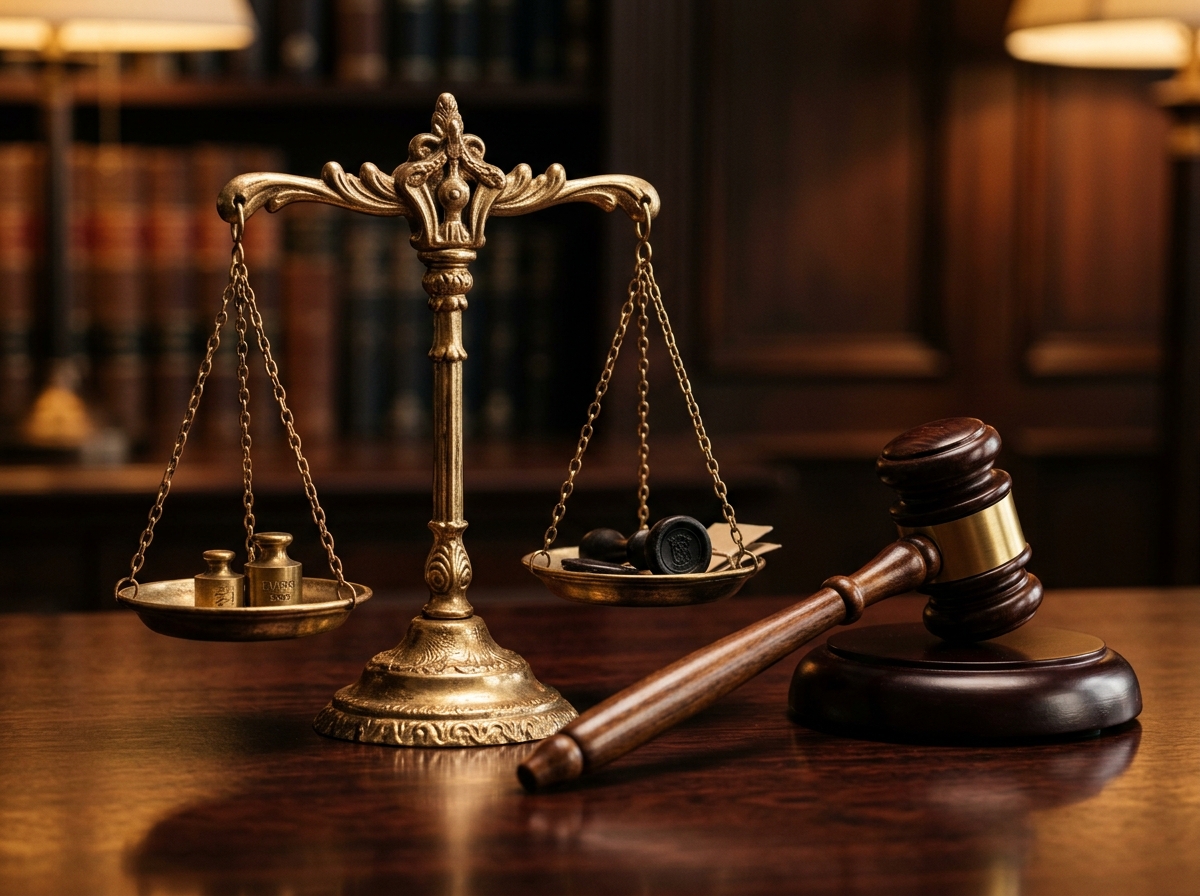 Macro closeup of golden scales of justice and judicial gavel on mahogany wood